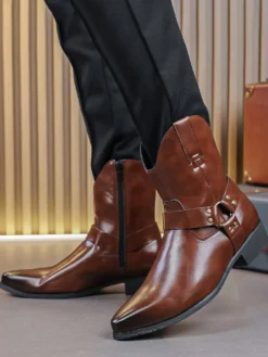 Bottines noires pour homme bout pointu fermeture éclair et boucle