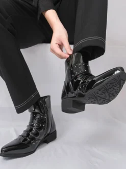 Bottines noires pour homme bout pointu fermeture éclair et boucle