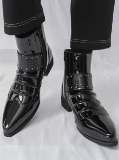 Bottines noires pour homme bout pointu fermeture éclair et boucle