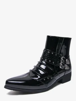 Bottines noires pour homme bout pointu fermeture éclair et boucle