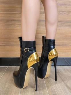 Bottines noires sexy à plateforme bout rond et talon haut avec boucle