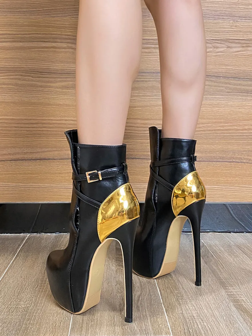 Bottines noires sexy à plateforme bout rond et talon haut avec boucle
