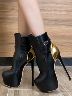 Bottines noires sexy à plateforme bout rond et talon haut avec boucle