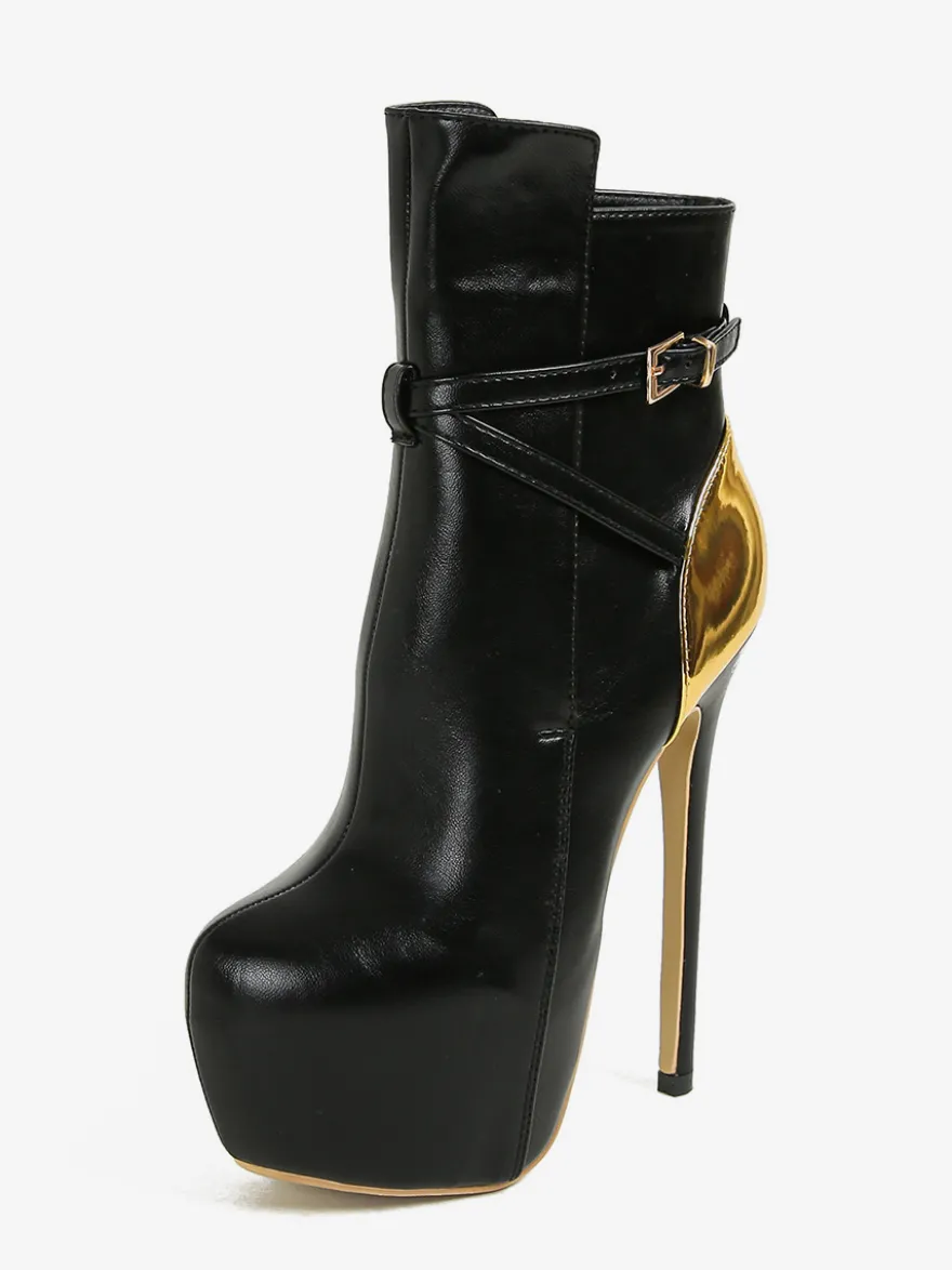 Bottines noires sexy à plateforme bout rond et talon haut avec boucle