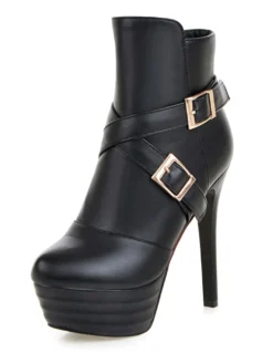 Bottines noires à talons hauts Bottines à plateforme Boucle pour femme Bottes courtes à talons aiguilles