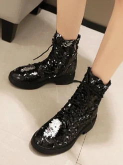 Bottines à paillettes plates et à lacets pour femmes