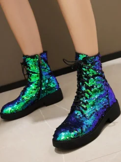Bottines à paillettes plates et à lacets pour femmes