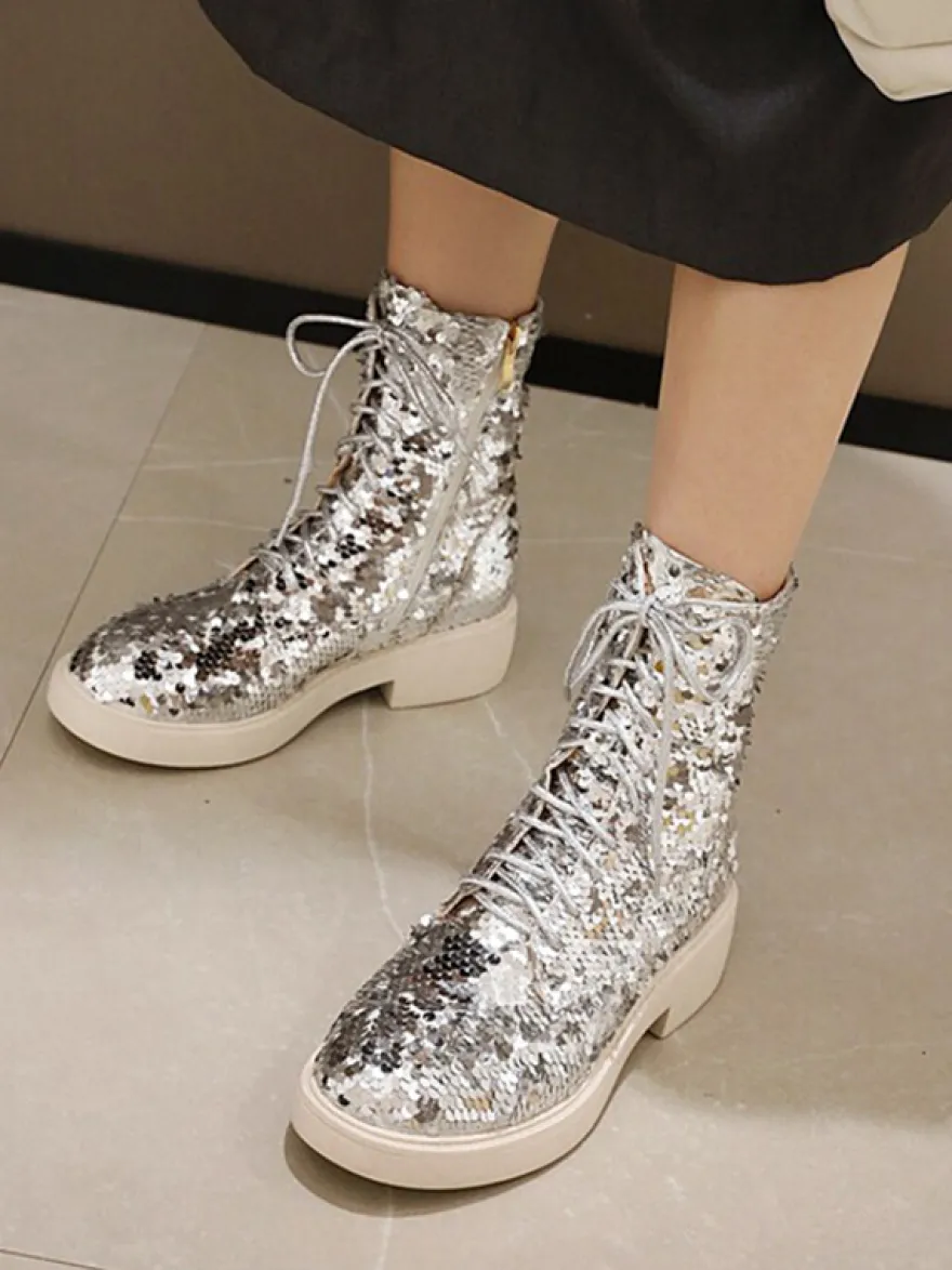 Bottines à paillettes plates et à lacets pour femmes