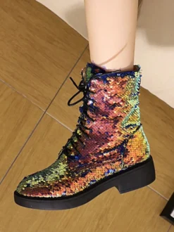 Bottines à paillettes plates et à lacets pour femmes