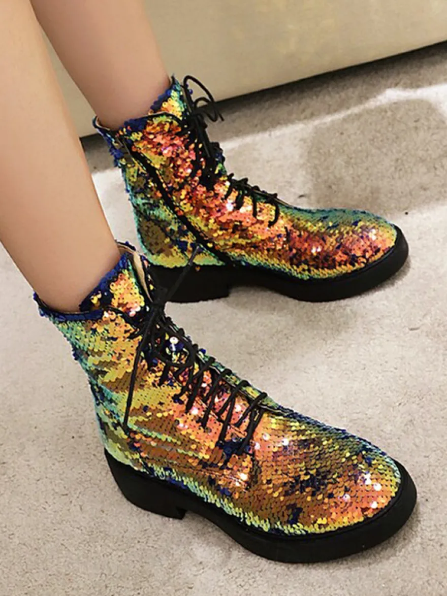 Bottines à paillettes plates et à lacets pour femmes