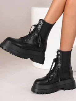 Bottines à Plateforme à Zip en Cuir Synthétique Unicolore