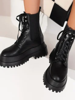 Bottines à Plateforme à Zip en Cuir Synthétique Unicolore