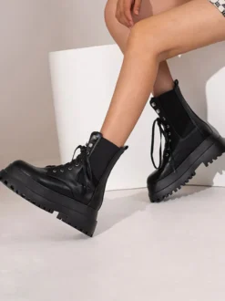 Bottines à Plateforme à Zip en Cuir Synthétique Unicolore