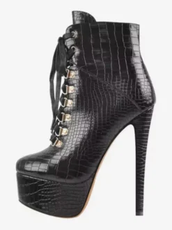 Bottines pour femmes détails en métal noir Bottes en cuir PU Bout rond Talon aiguille