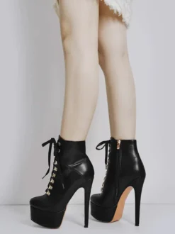 Bottines pour femmes détails en métal noir Bottes en cuir PU Bout rond Talon aiguille