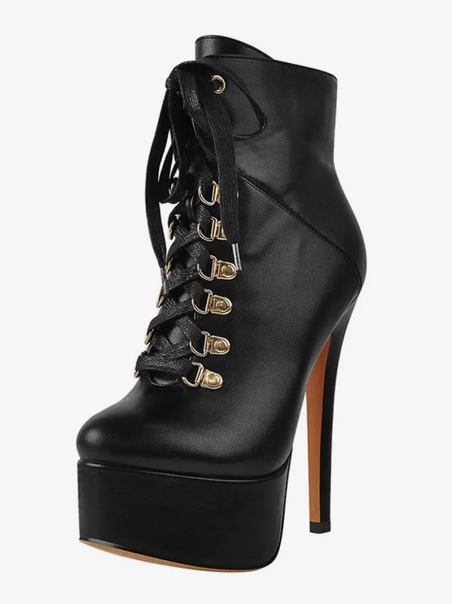 Bottines pour femmes détails en métal noir Bottes en cuir PU Bout rond Talon aiguille