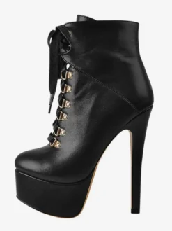 Bottines pour femmes détails en métal noir Bottes en cuir PU Bout rond Talon aiguille