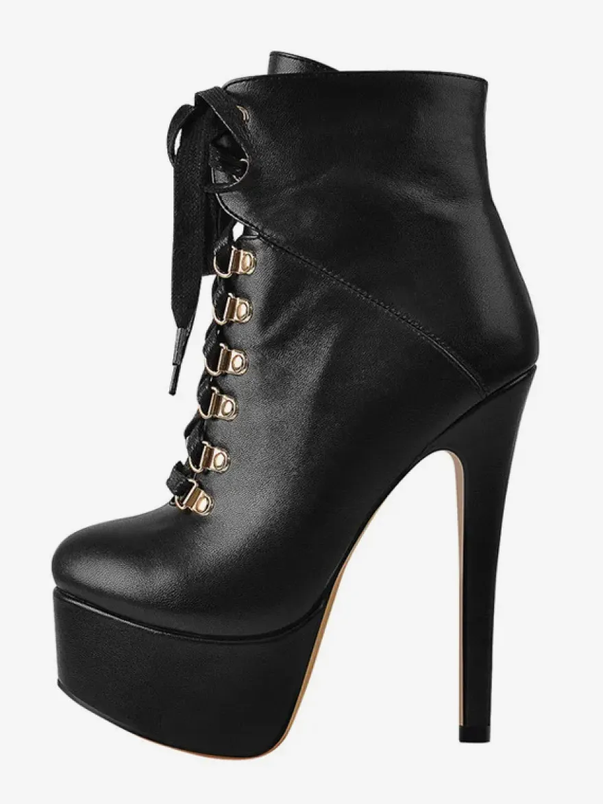 Bottines pour femmes détails en métal noir Bottes en cuir PU Bout rond Talon aiguille