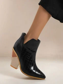 Bottines pour femmes en cuir bleu bout pointu talon épais bottines à imprimé peau de serpent