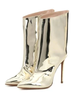 Bottines pour femmes en cuir or clair bout pointu cuir brillant talon aiguille bottes à talons hauts