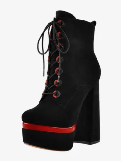 Bottines Pour Femmes Noir À Lacet Plateforme Talon Épais Bout Rond En Cuir PU