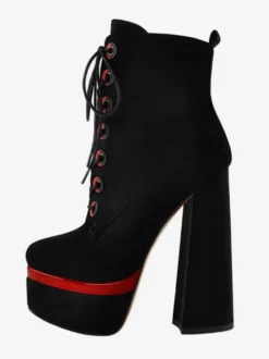 Bottines Pour Femmes Noir À Lacet Plateforme Talon Épais Bout Rond En Cuir PU
