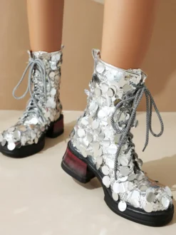 Bottines pour femmes à paillettes argentées bout rond bottines de fête à lacets