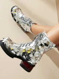 Bottines pour femmes à paillettes argentées bout rond bottines de fête à lacets