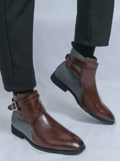 Bottines pour homme marron à bout rond et boucle