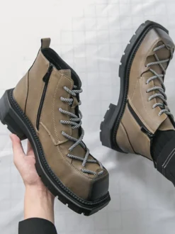 Bottines pour hommes à bout carré lacets et talon épais