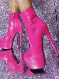 Bottines roses à plateforme pour femmes bout rond bottillons à talons hauts