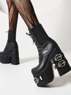 Bottines sans talons à bout rond en cuir PU avec détails métalliques pour femmes