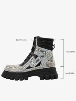 Bottines à strass noires pour femmes Bottines en cuir PU à bout rond et talon épais