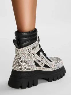 Bottines à strass noires pour femmes Bottines en cuir PU à bout rond et talon épais