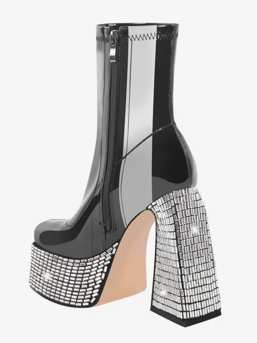 Bottines à strass noirs à plateforme bout rond bottines à talons épais