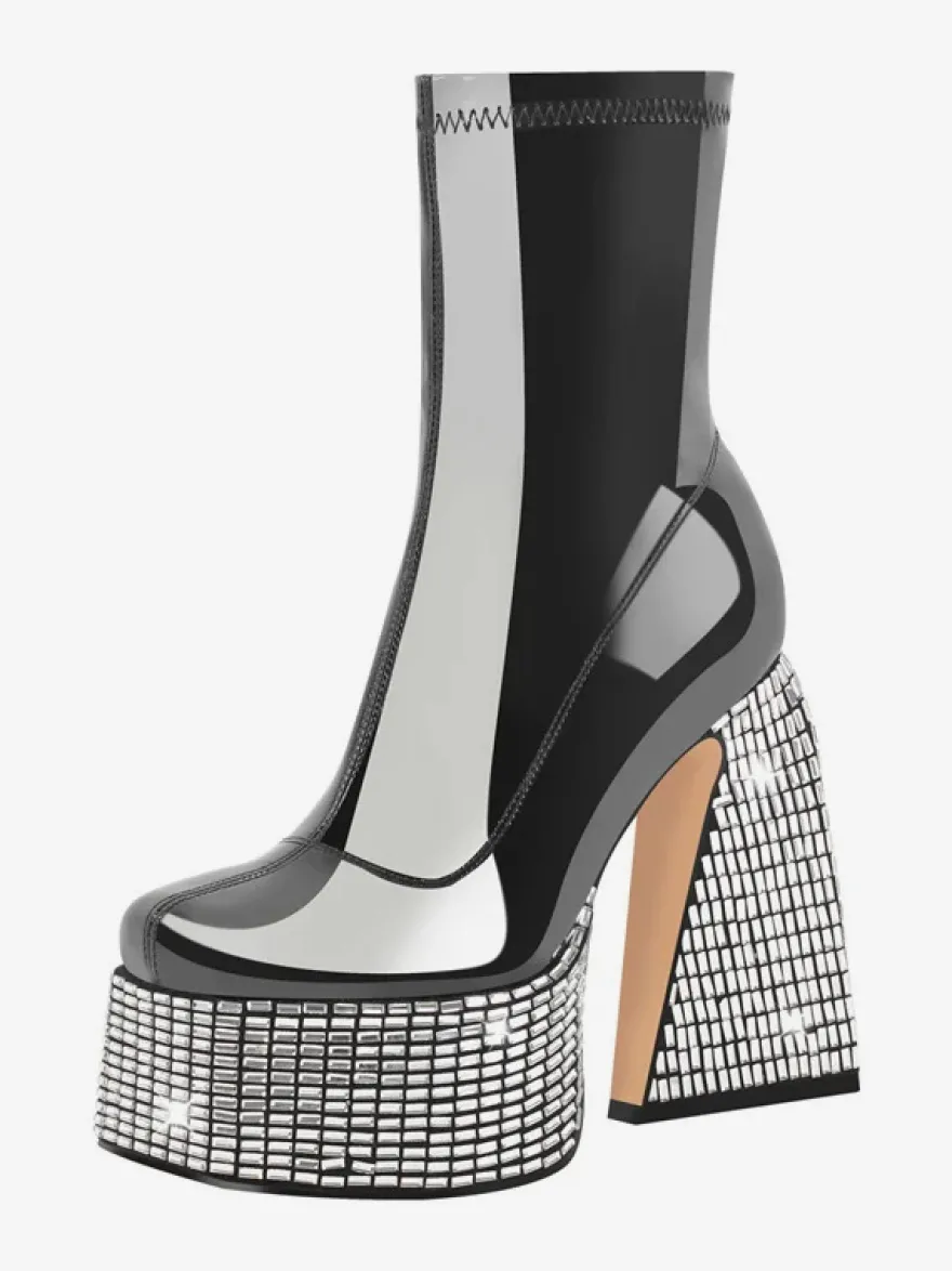 Bottines à strass noirs à plateforme bout rond bottines à talons épais