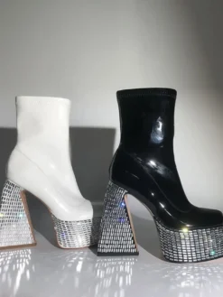 Bottines à strass noirs à plateforme bout rond bottines à talons épais