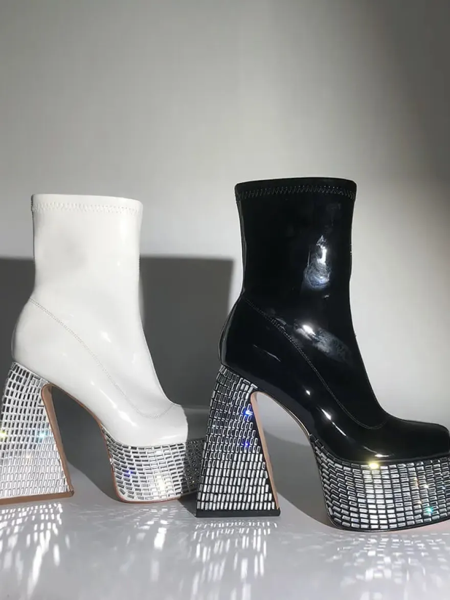 Bottines à strass noirs à plateforme bout rond bottines à talons épais