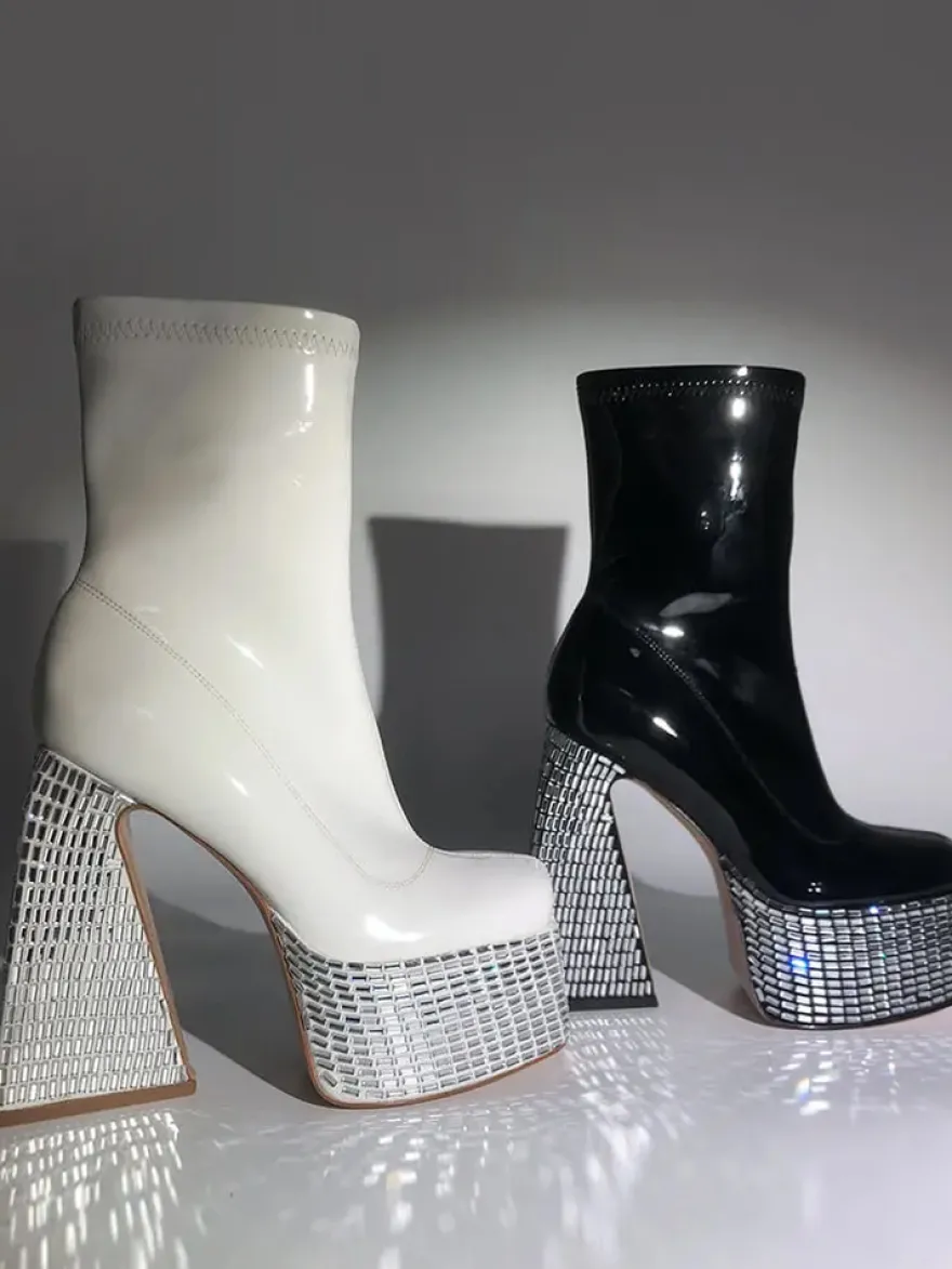 Bottines à strass noirs à plateforme bout rond bottines à talons épais
