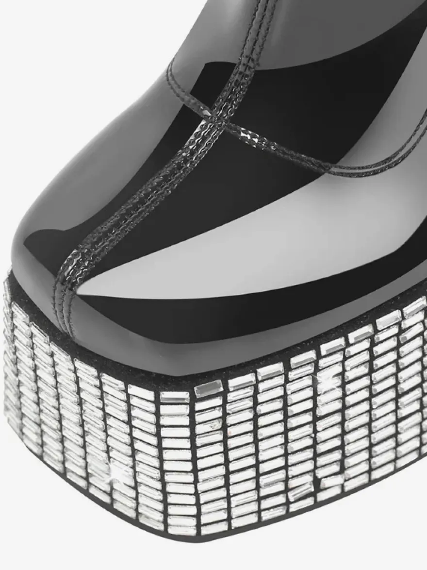 Bottines à strass noirs à plateforme bout rond bottines à talons épais