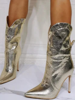 Bottines à talon aiguille western en python pour femmes en cuir brillant champagne