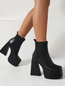Bottines à Talons Hauts avec Plateforme en Cuir Synthétique avec Bout Pointu Unicolore