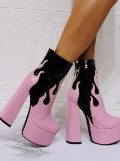 Bottines à Talons Hauts avec Plateforme Femme avec Bout Rond en Cuir Synthétique Bicolores