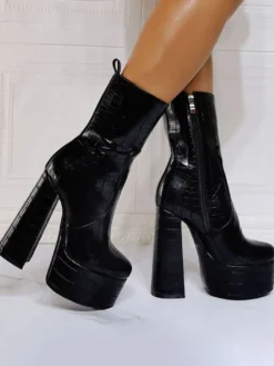 Bottines à Talons Hauts avec Plateforme Femme avec Bout Rond en Cuir Synthétique Unicolore