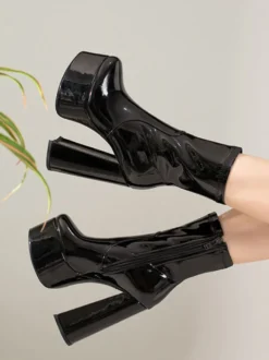 Bottines à Talons Hauts avec Plateforme en Cuir Synthétique avec Bout Pointu Unicolore