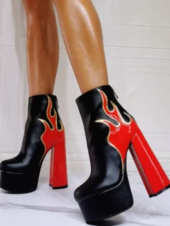 Bottines à Talons Hauts avec Plateforme Femme avec Bout Rond en Cuir Synthétique Bicolores