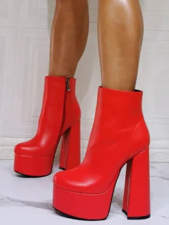 Bottines à Talons Hauts avec Plateforme Femme avec Bout Rond en Cuir Synthétique Unicolore