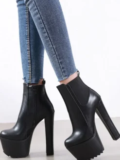 Bottines à Talons Hauts avec Plateforme en Cuir Synthétique Unicolore