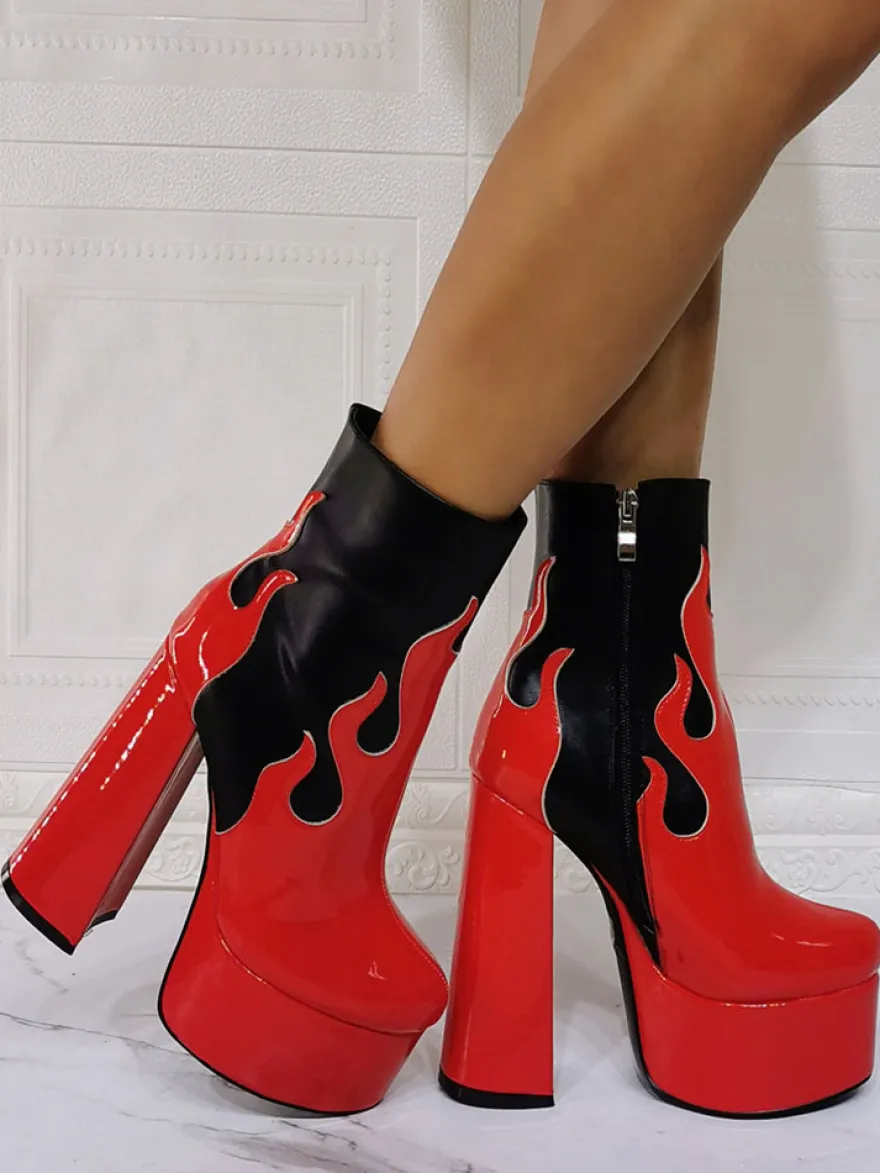 Bottines à Talons Hauts avec Plateforme Femme avec Bout Rond en Cuir Synthétique Bicolores