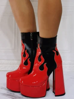 Bottines à Talons Hauts avec Plateforme Femme avec Bout Rond en Cuir Synthétique Bicolores
